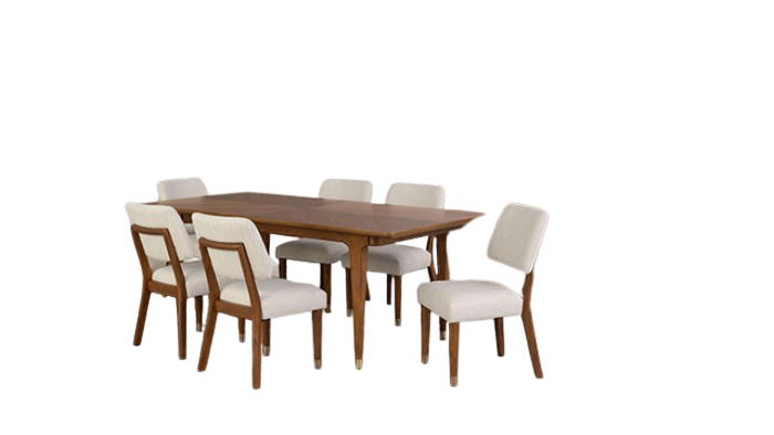 Riven 7-Piece Dining Table Set – Walnut with Gold-Capped Legs