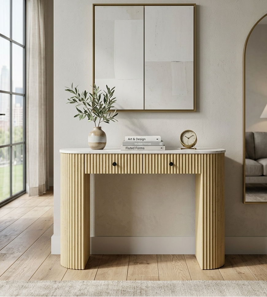 Beige console table with decorative items in a modern living room setting