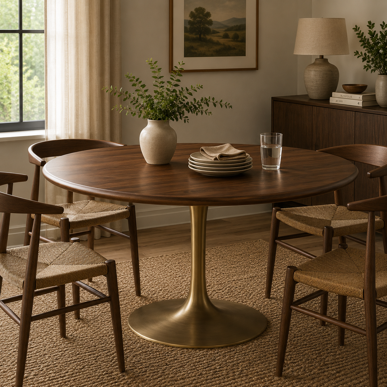Lippa 60" Round Pedestal Solid Wood Dining Table - Brass Walnut Denmark Home