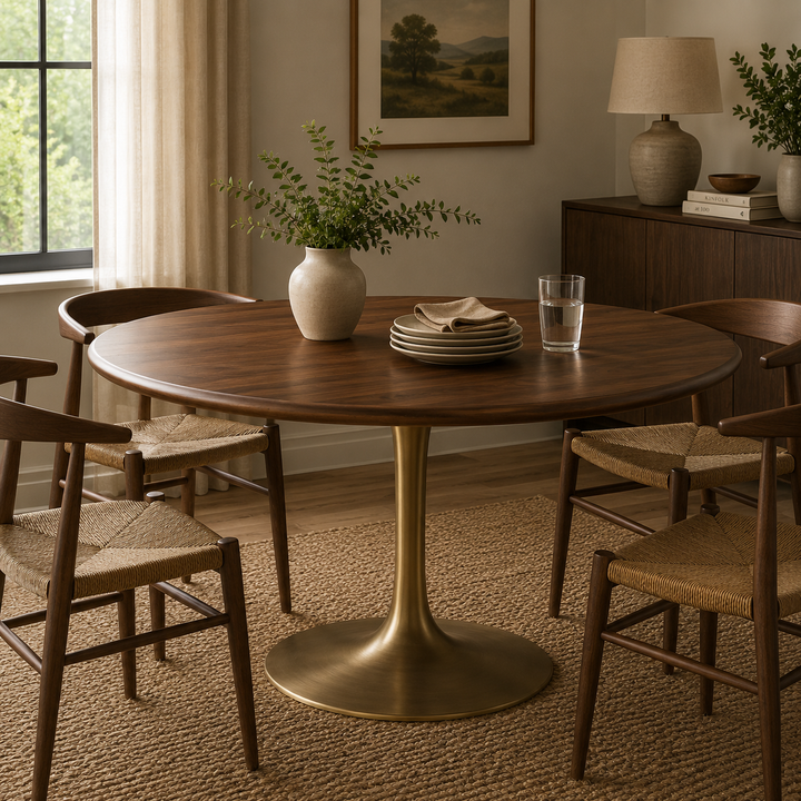Lippa 60" Round Pedestal Solid Wood Dining Table - Brass Walnut Denmark Home