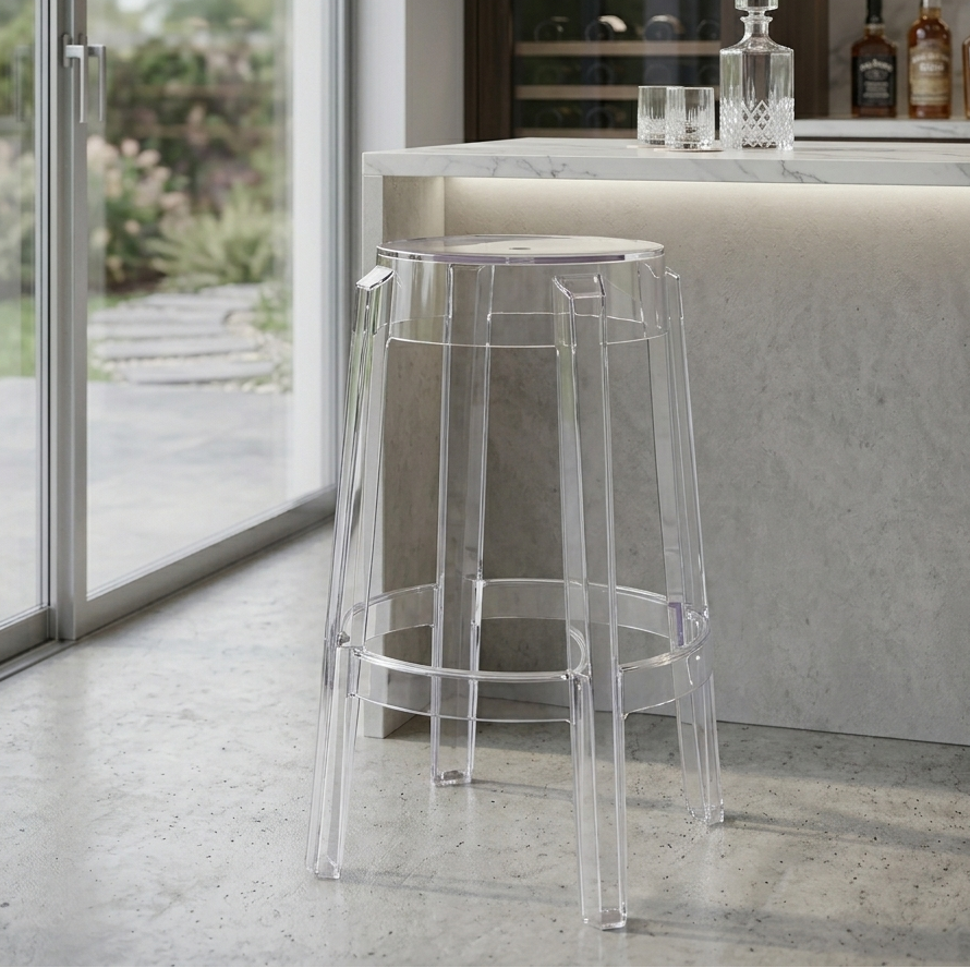 Clear bar stool in a modern kitchen setting with a view of a garden.