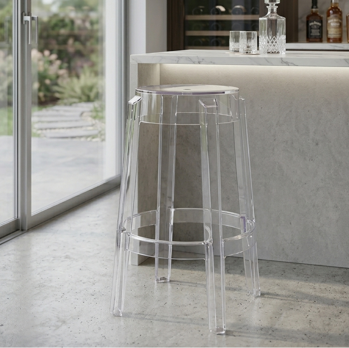 Clear bar stool in a modern kitchen setting with a view of a garden.