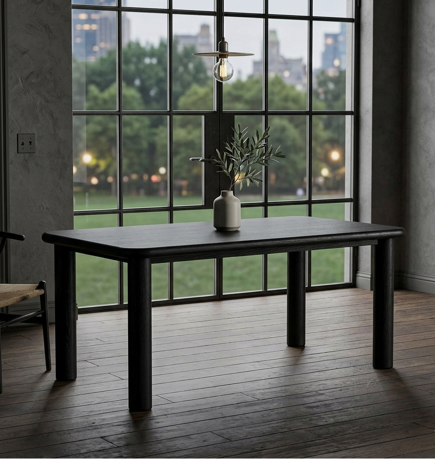 Dark wooden dining table in a room with large windows and cityscape view