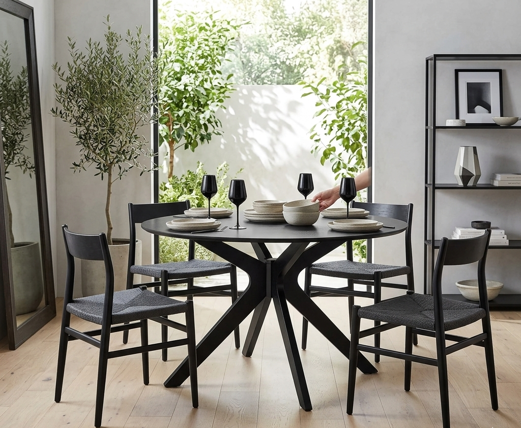 Dining room with a black round table and chairs, set for a meal.