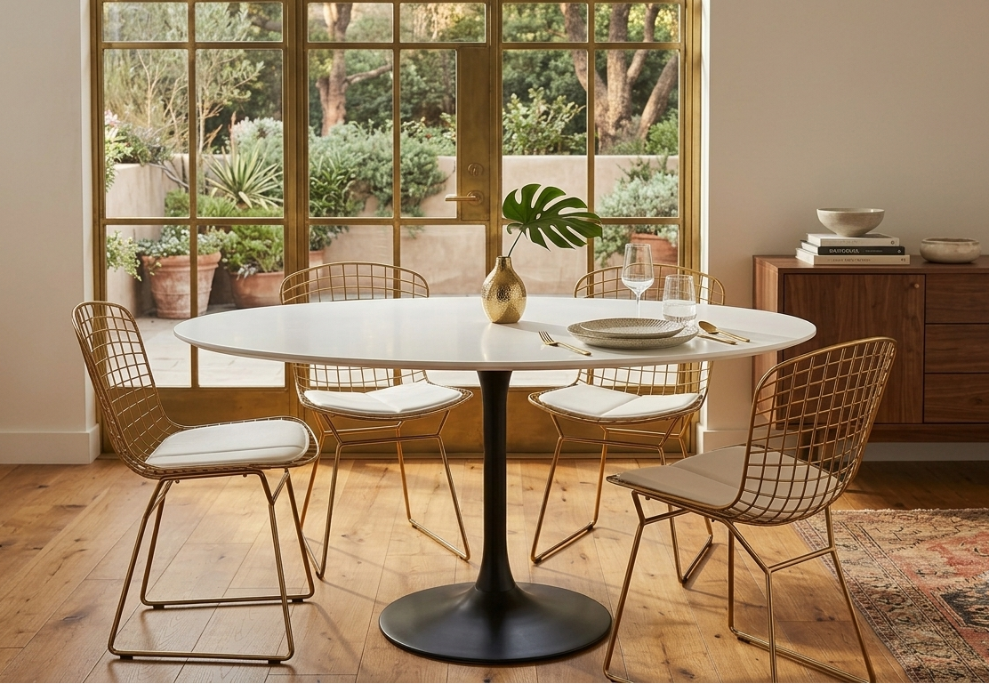 Dining room with a round table and wire chairs in front of large windows.