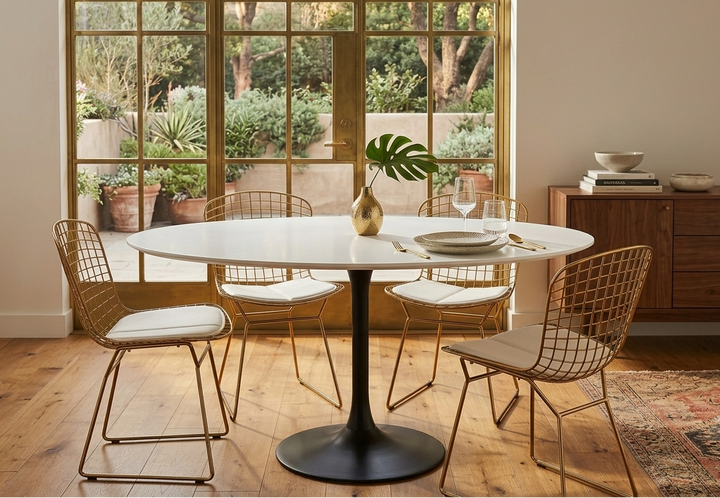 Dining room with a round table and wire chairs in front of large windows.