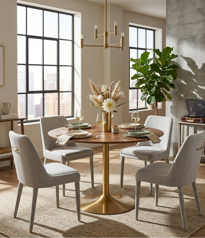 Dining room with a round table, chairs, and decorative elements.