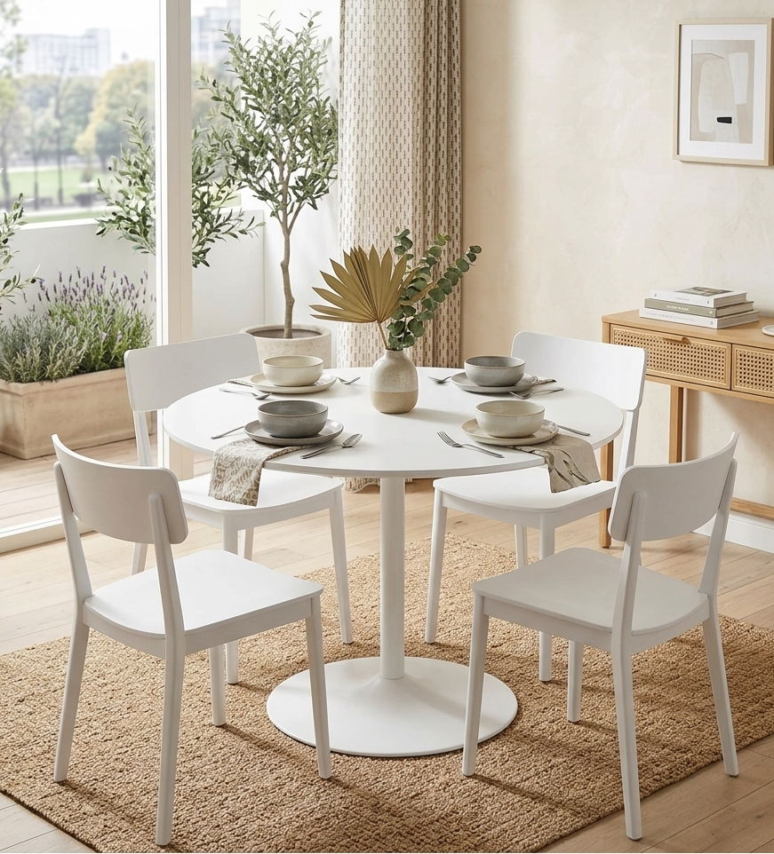 Dining room with a round white table and chairs, plants, and a desk.