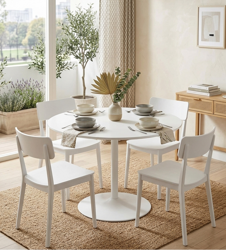 Dining room with a round white table and chairs, plants, and a desk.