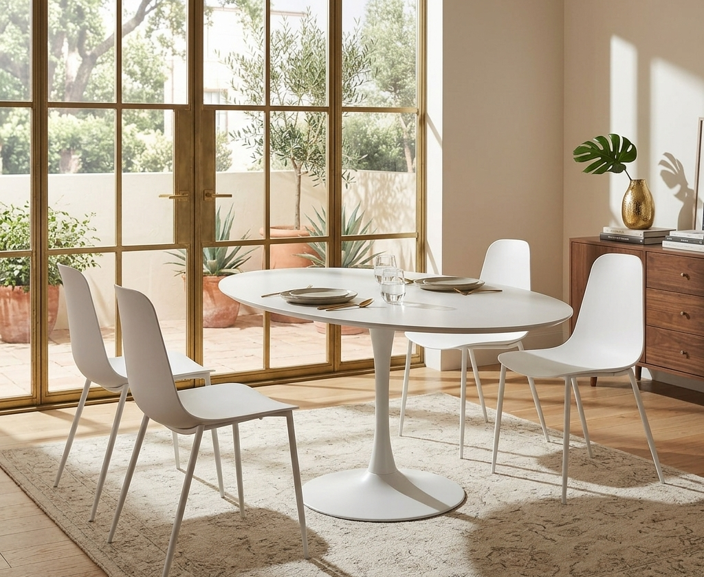 Dining room with a round white table and four white chairs near large windows.