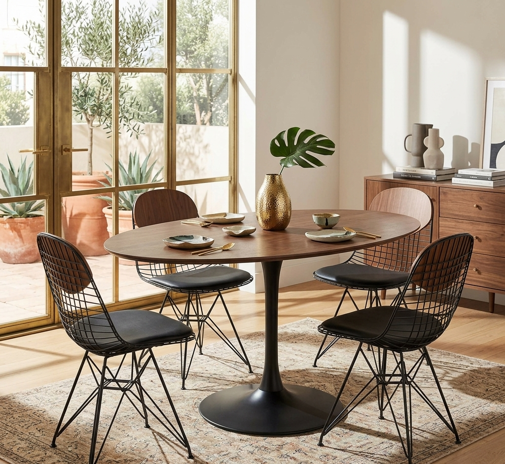 Dining room with a round wooden table and four chairs near a large window.