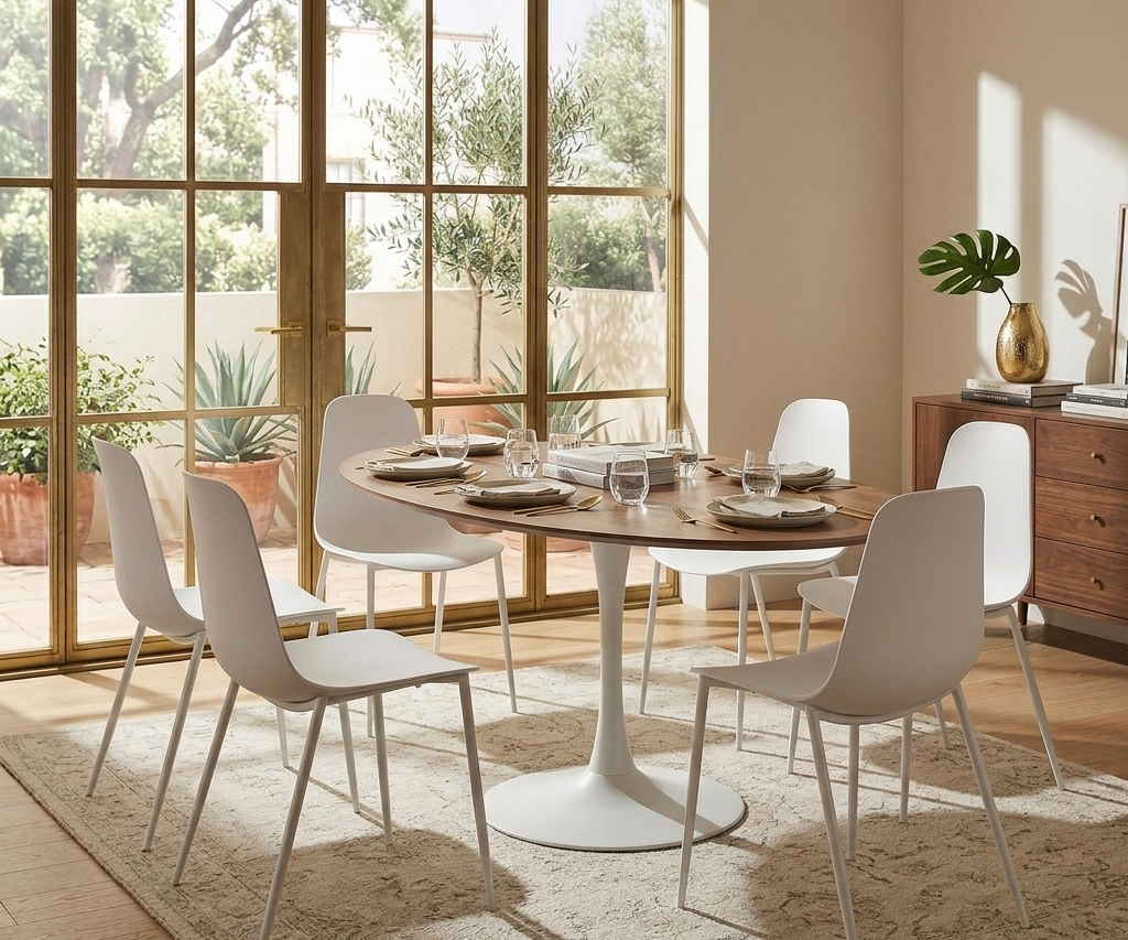 Dining room with a round wooden table and white chairs near large windows.