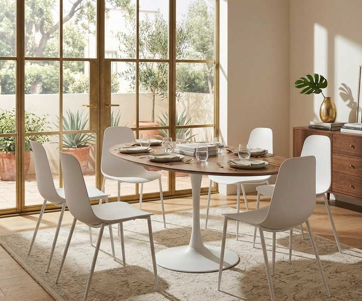 Dining room with a round wooden table and white chairs near large windows.