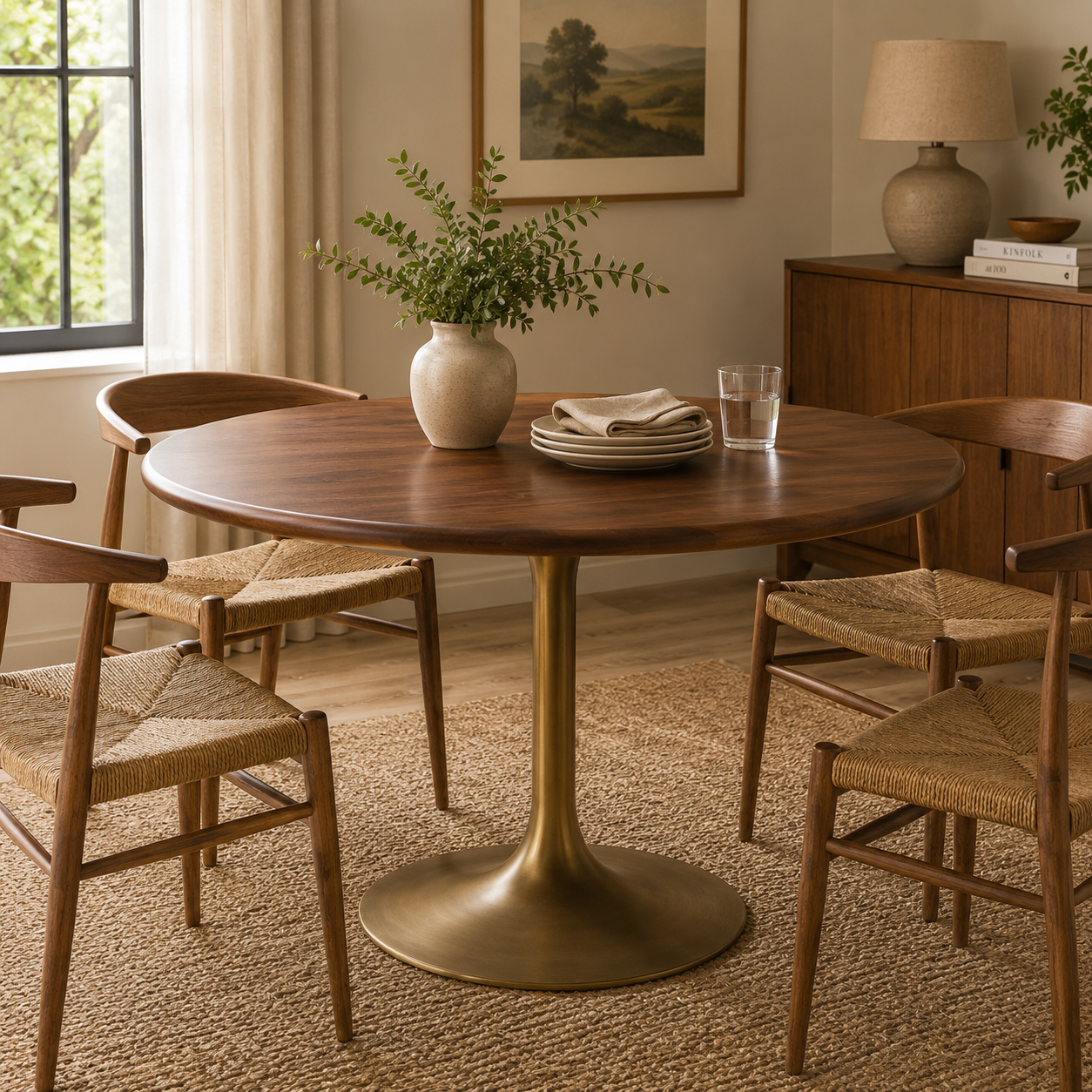 Dining room with a wooden table and chairs, featuring a vase with greenery and a lamp.