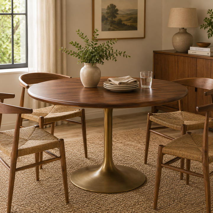 Dining room with a wooden table and chairs, featuring a vase with greenery and a lamp.