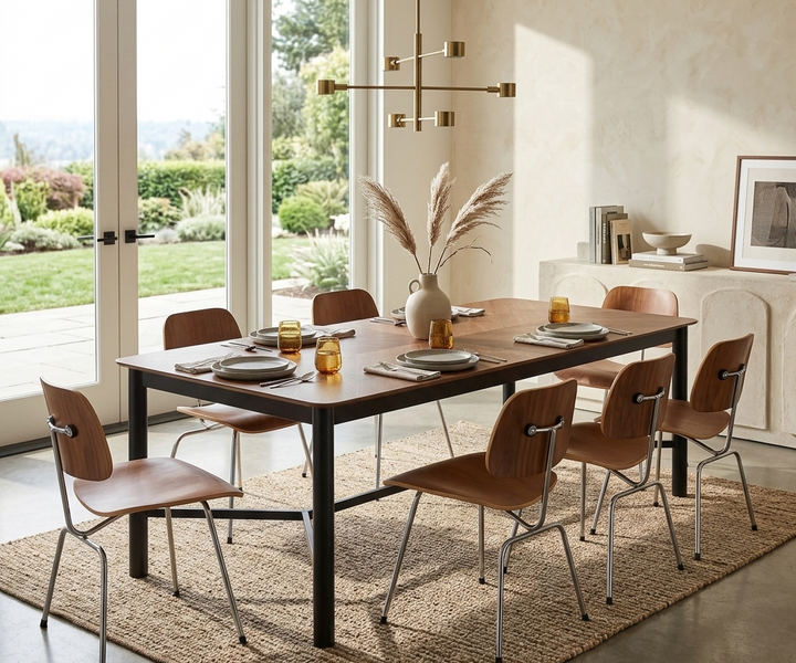 Dining room with a wooden table and chairs near large windows with a view of greenery.