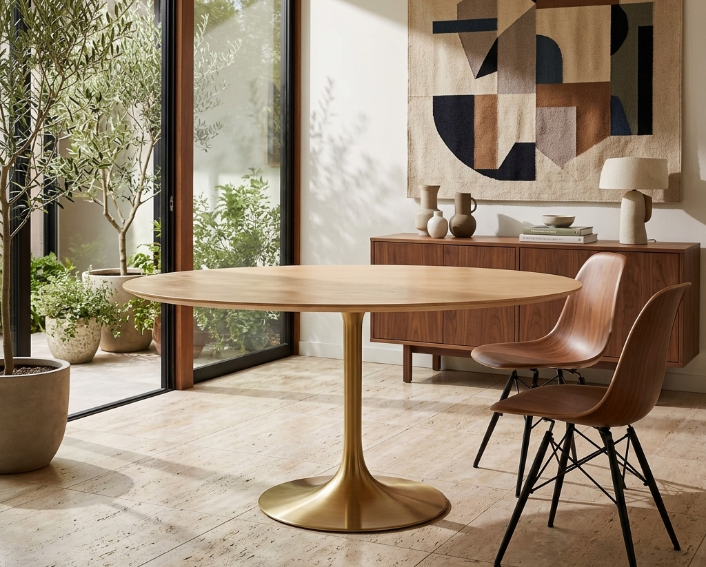 Dining room with a wooden table, chairs, and abstract art on the wall.