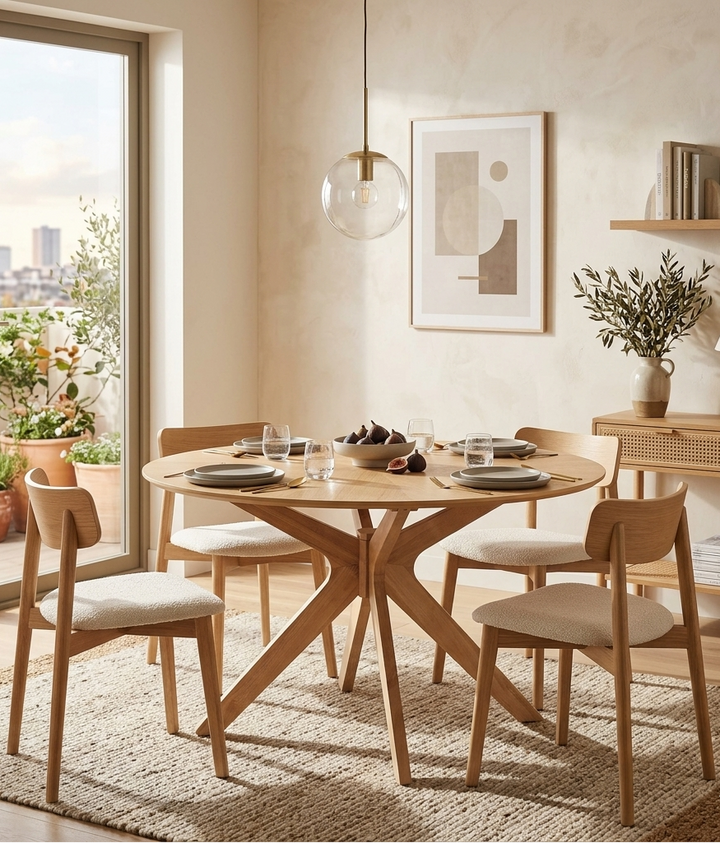 Dining room with wooden table and chairs, city view through window