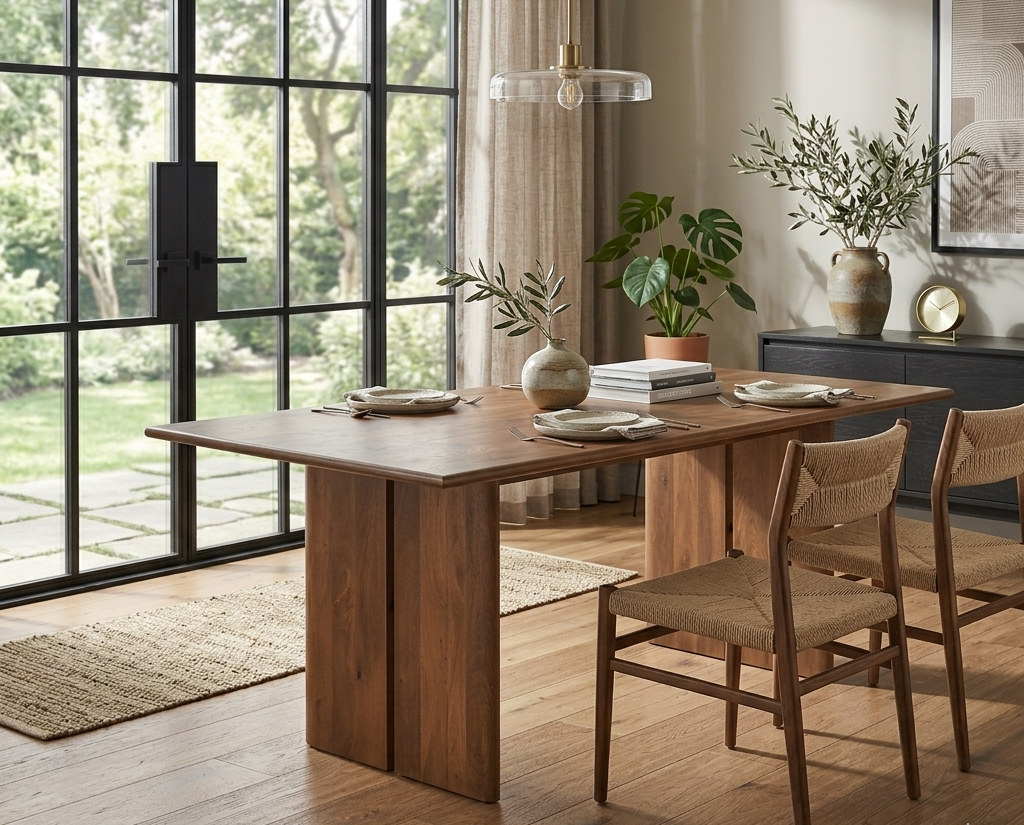 Dining room with wooden table and chairs, large windows, and decorative plants.