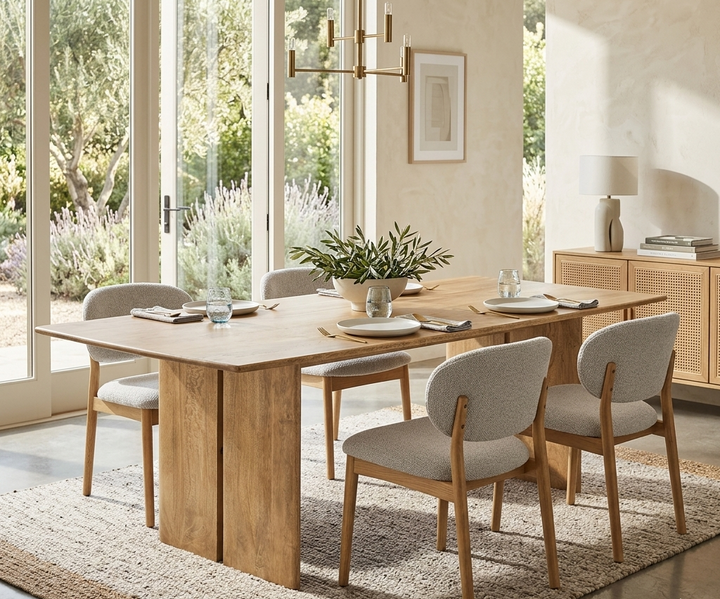 Dining room with wooden table and chairs near large windows
