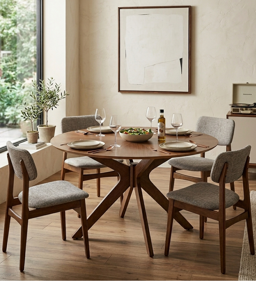 Dining room with wooden table and chairs, plants, and a window.