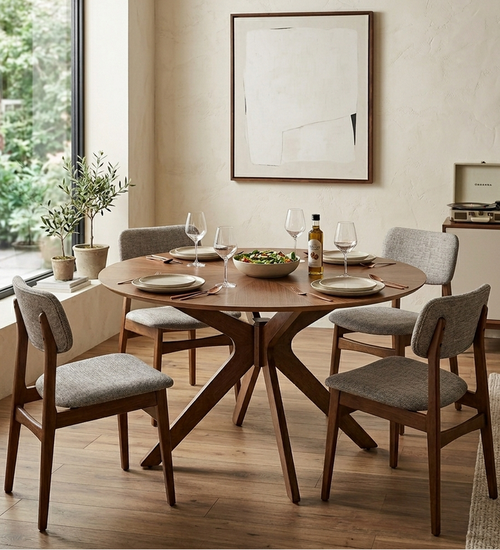 Dining room with wooden table and chairs, plants, and a window.