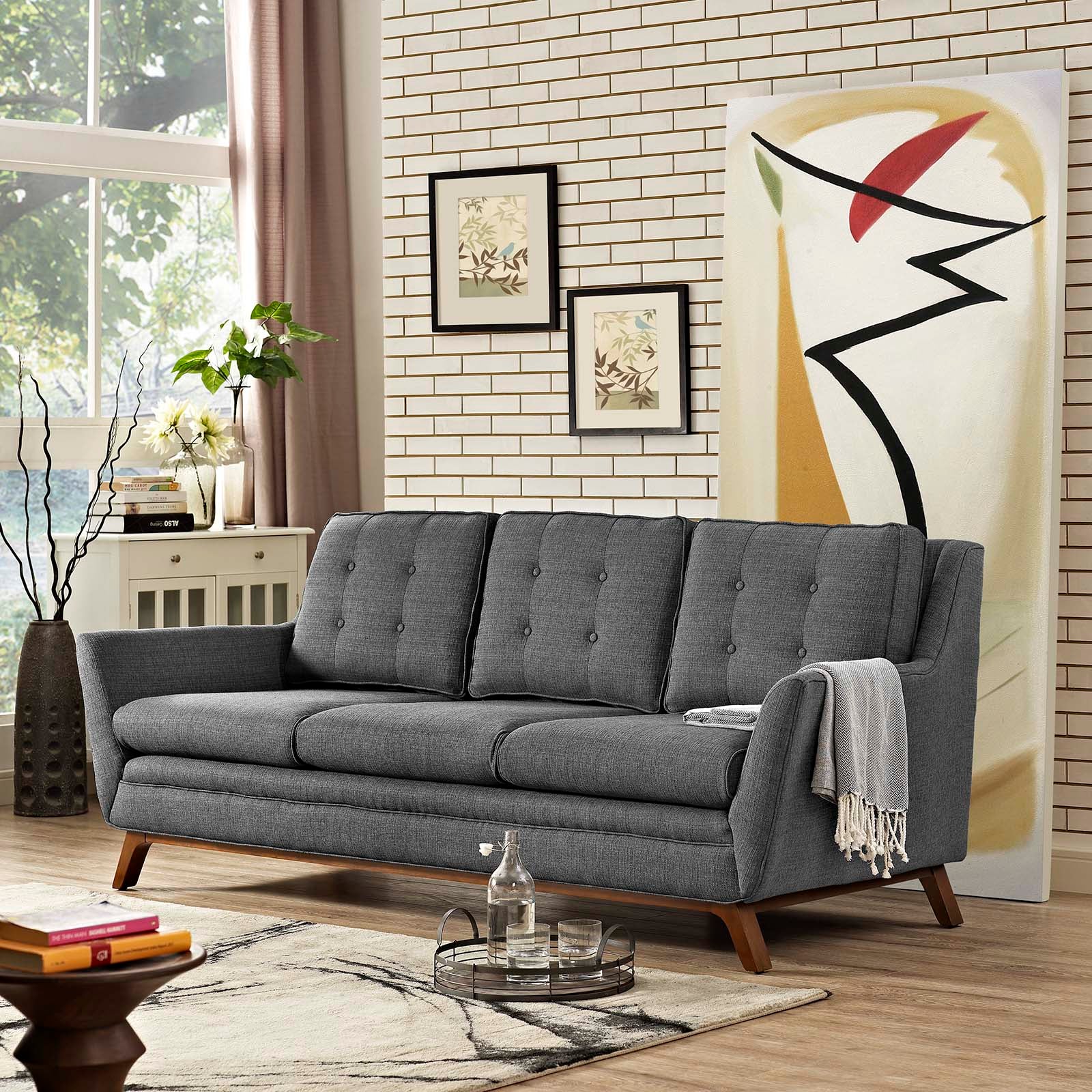 Modus Sofa – Tufted Fabric with Walnut Wood Base