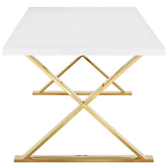 Float Rectangle Dining Table – High Gloss White with Gold X-Base 86.5" Denmark Home