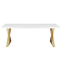 Float Rectangle Dining Table – High Gloss White with Gold X-Base 86.5" Denmark Home