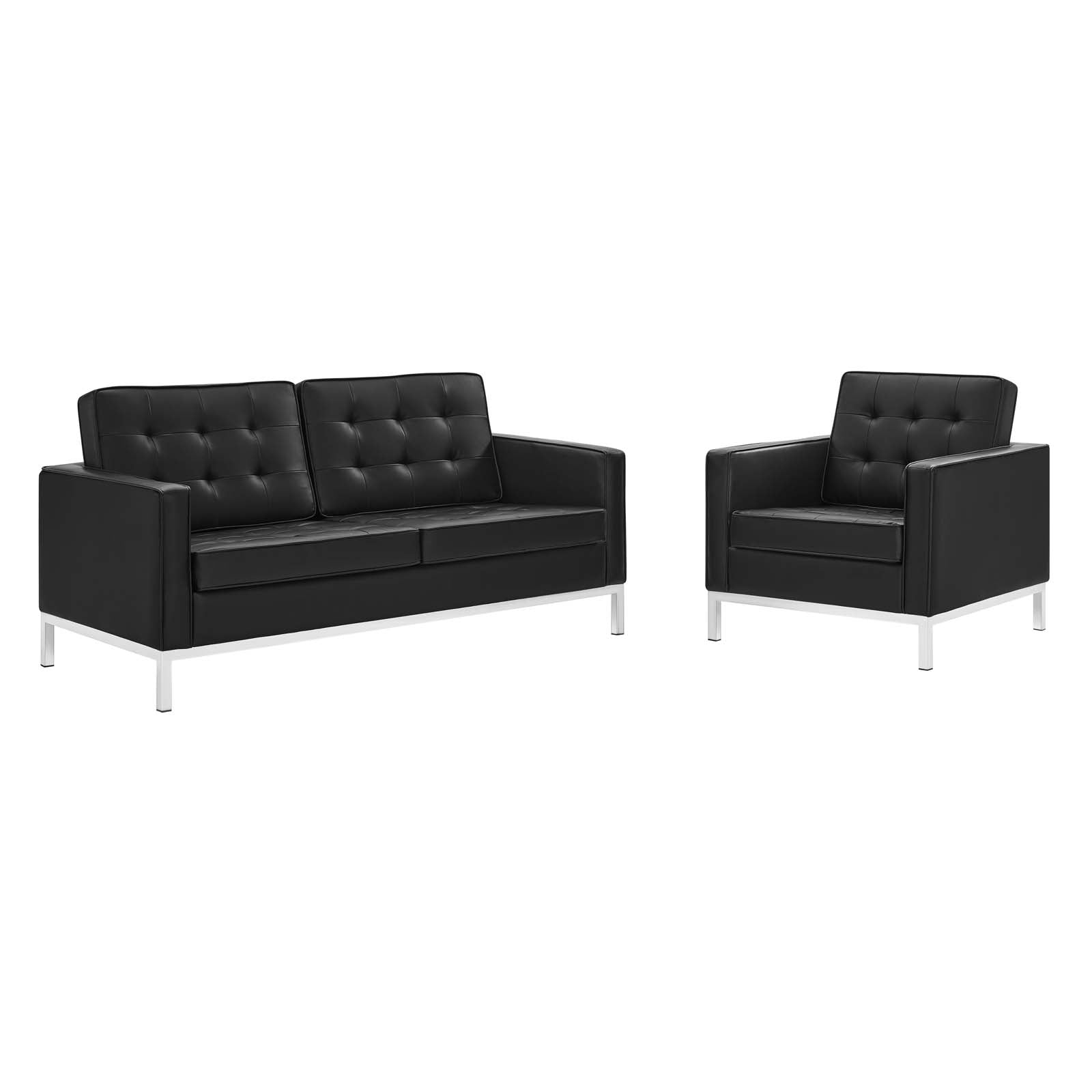 Iona Tufted Faux Leather Loveseat & Armchair Set - Silver Black