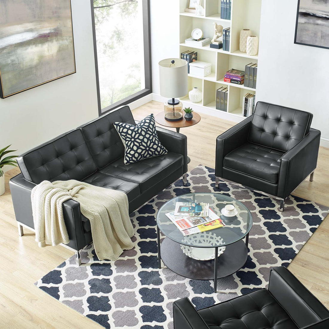 Iona Tufted Faux Leather Loveseat & Armchair Set - Silver Black