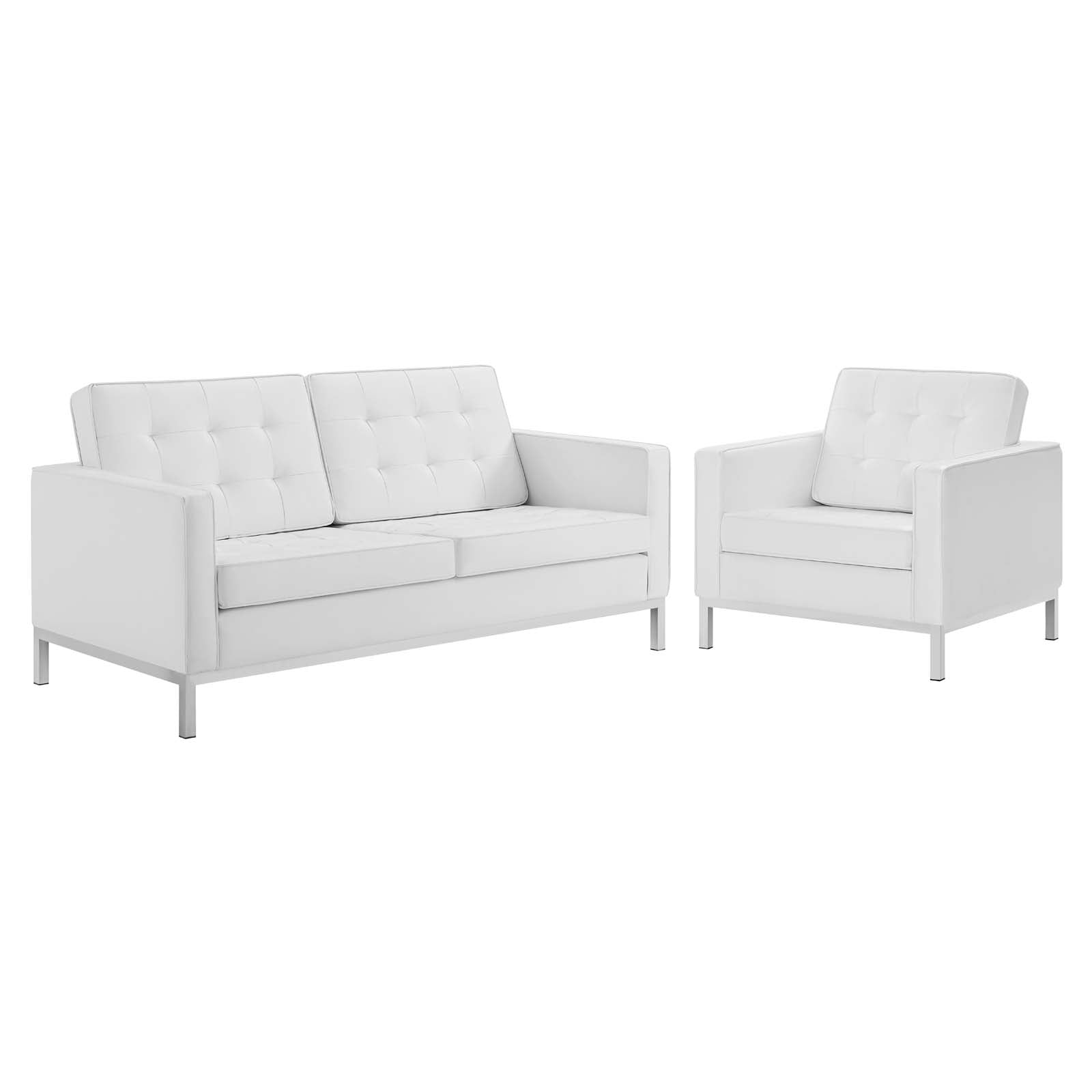 Iona Tufted Faux Leather Loveseat & Armchair Set - Silver White