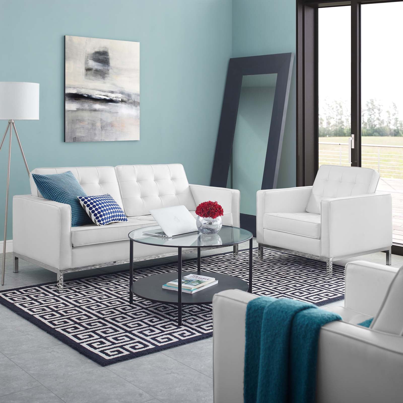Iona Tufted Faux Leather Loveseat & Armchair Set - Silver White