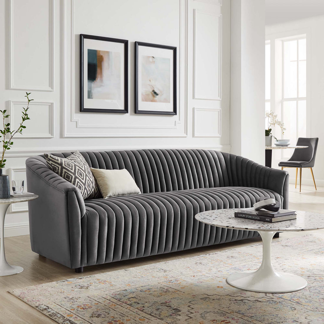 Celine Channel Tufted Velvet Sofa – Charcoal