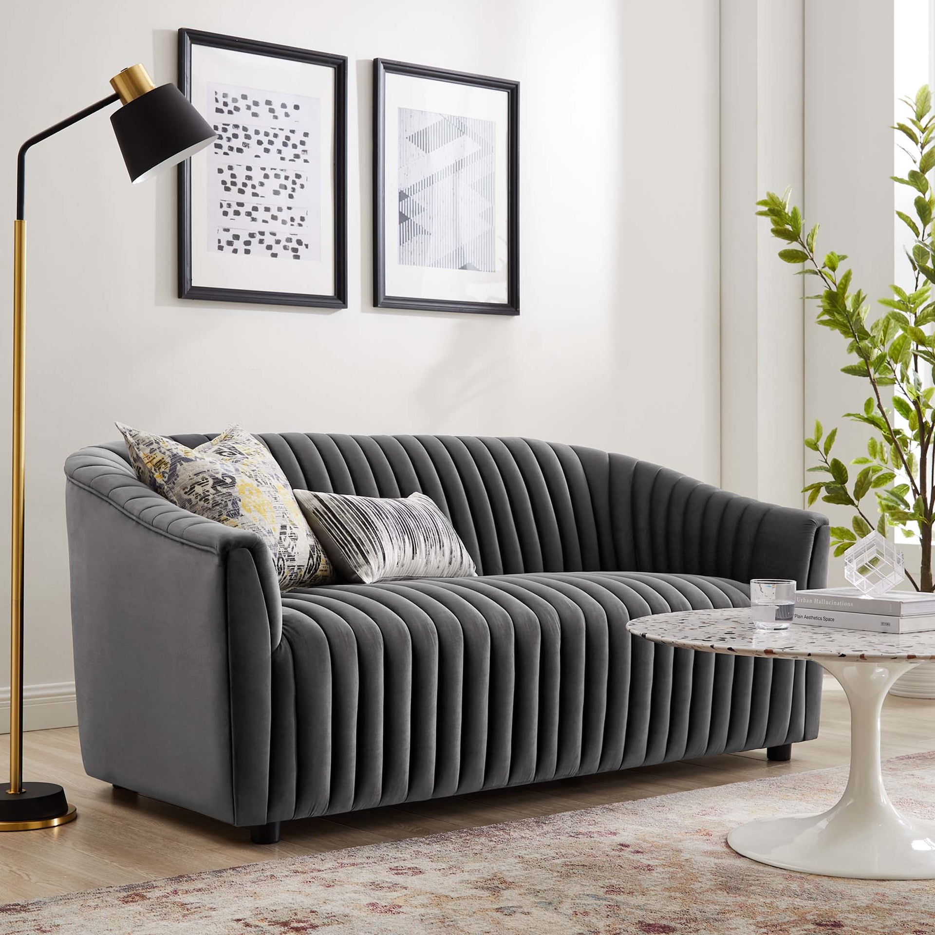 Celine Channel Tufted Performance Velvet Loveseat - Charcoal