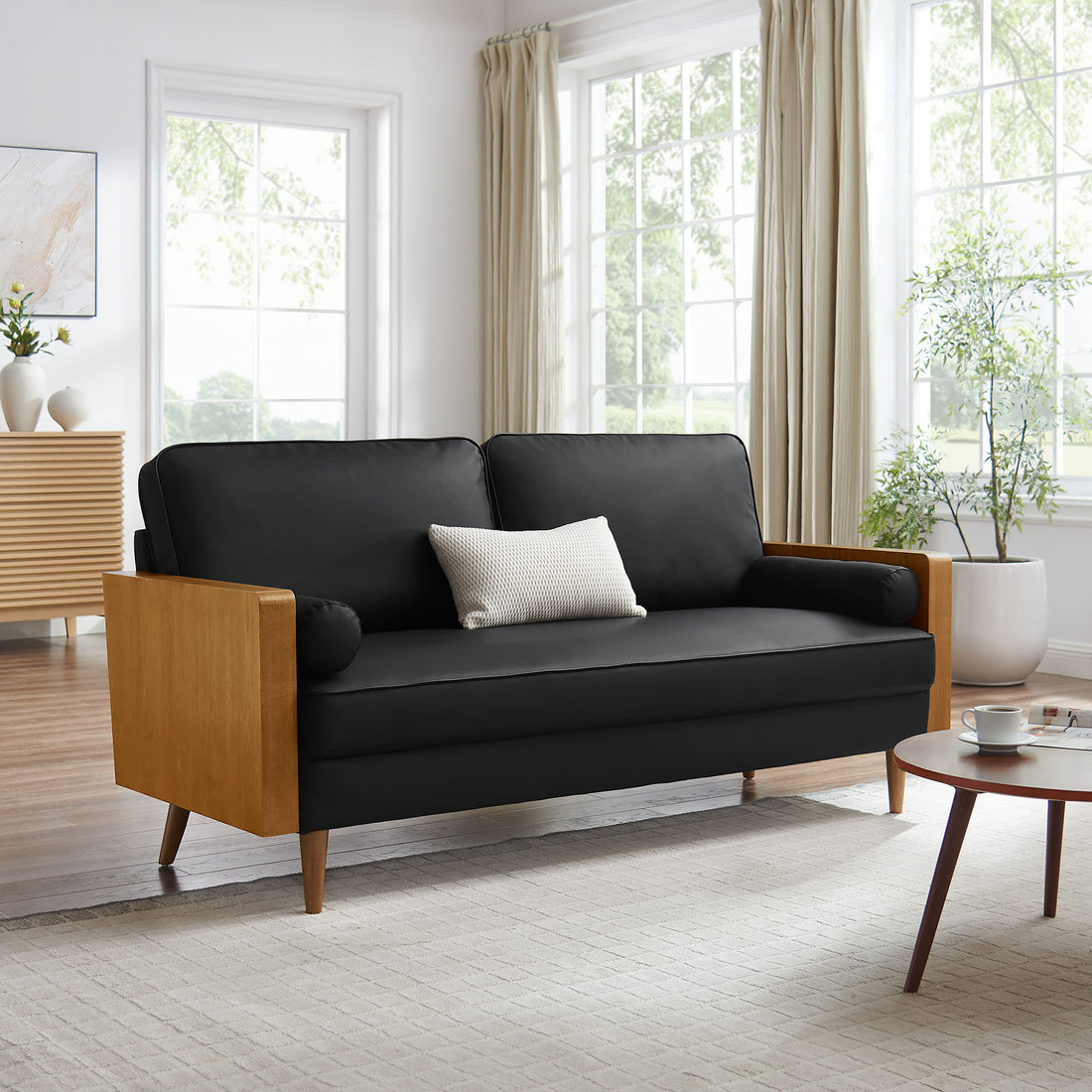 Kolden Vegan Leather Sofa - Walnut Black