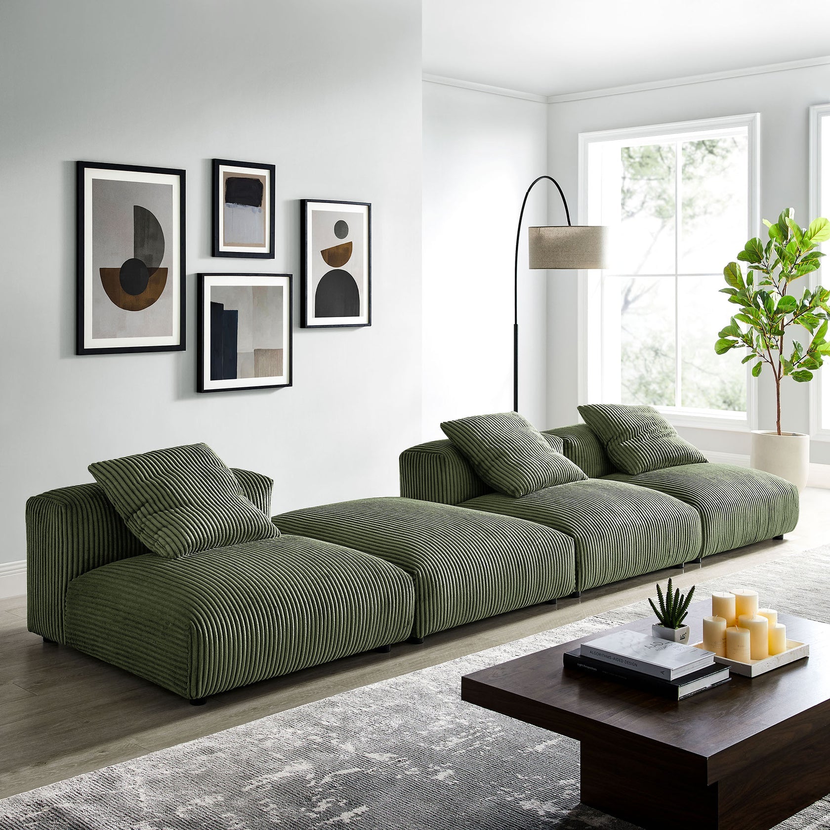 Lumi Modular Corduroy 4-Piece Sectional Sofa - Fern