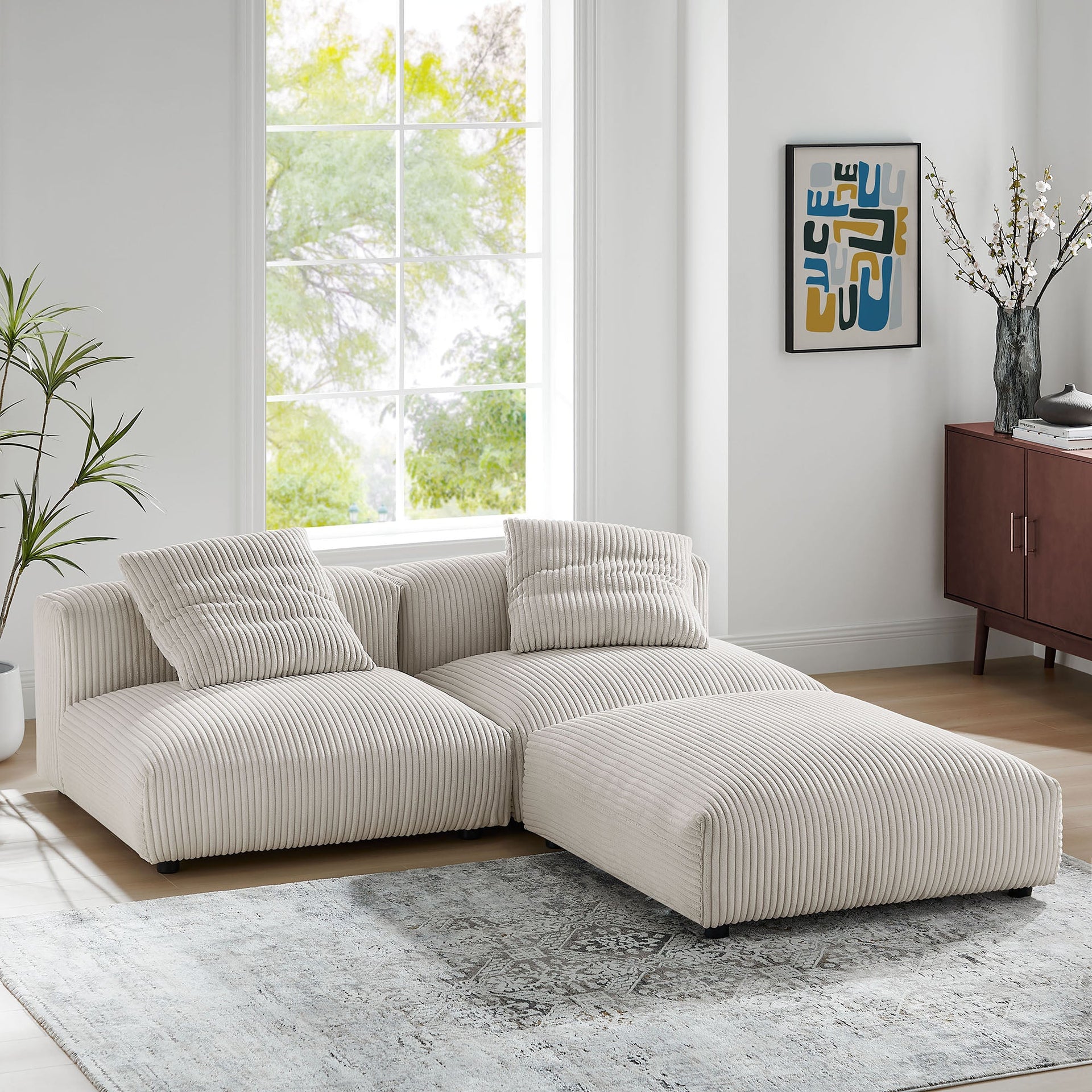 Lumi Modular Corduroy 3-Piece Sectional Sofa - Almond