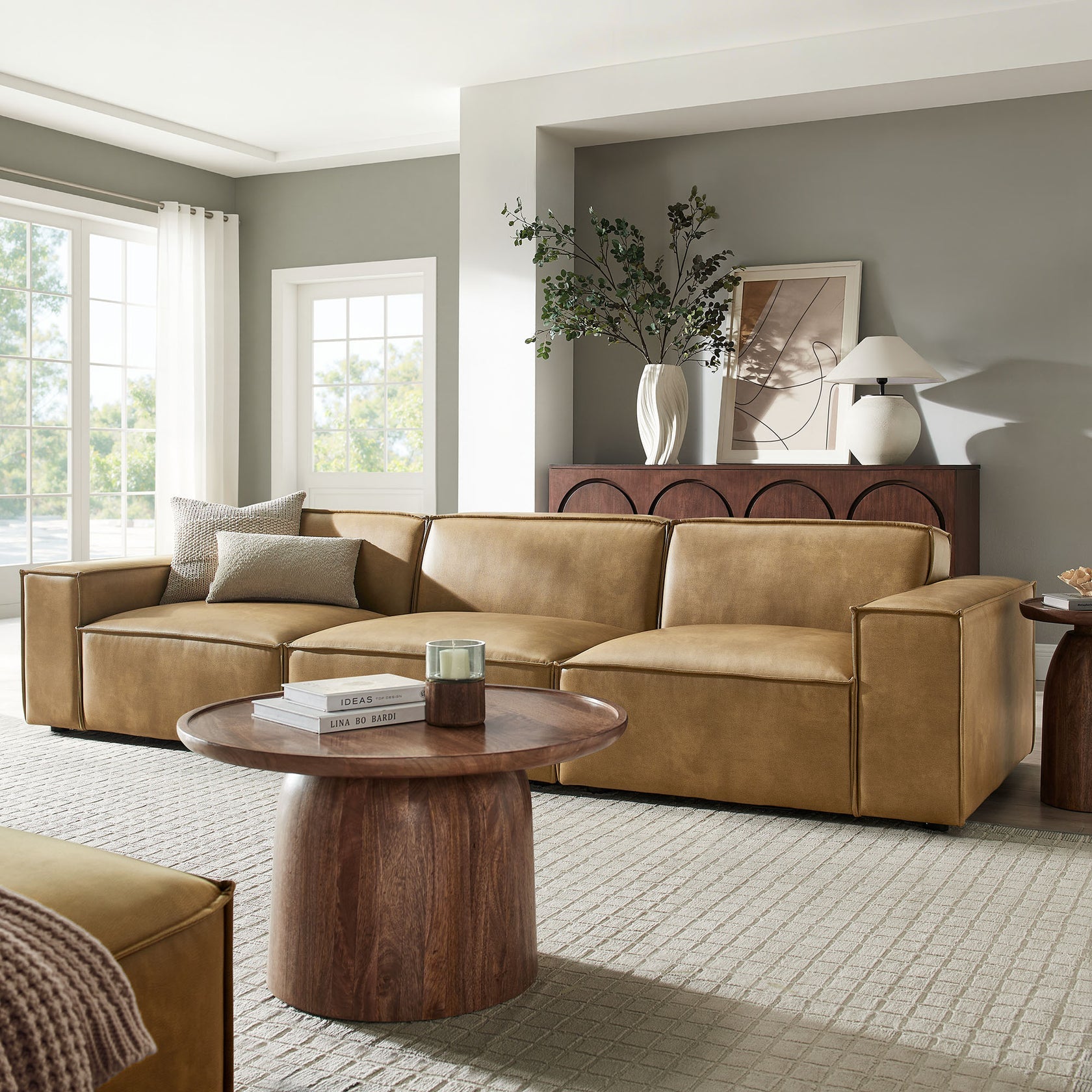 Lucent Vegan Leather 3-Piece Sectional Sofa- Toast