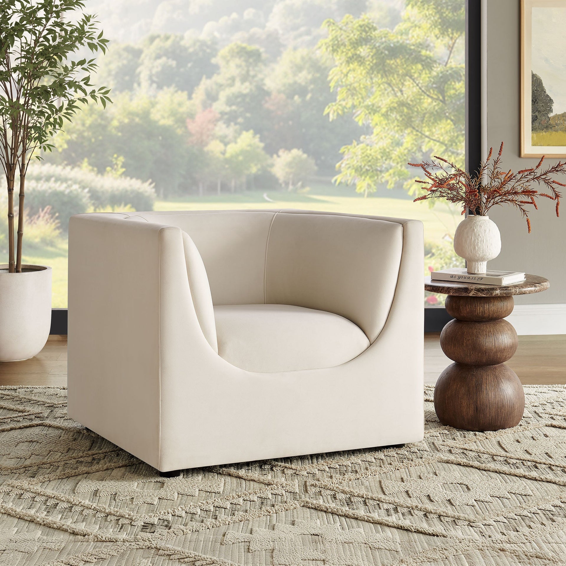 Moda Curved Performance Velvet Armchair – Alabaster