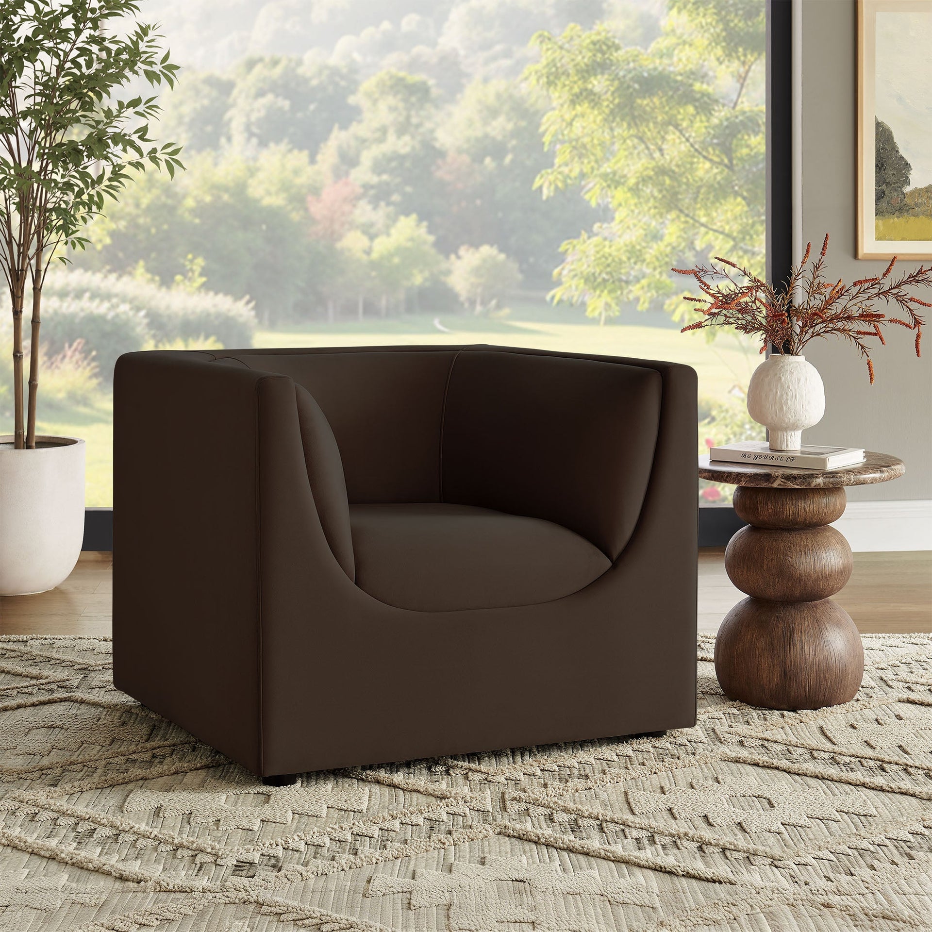 Moda Curved Performance Velvet Armchair – Chocolate Brown