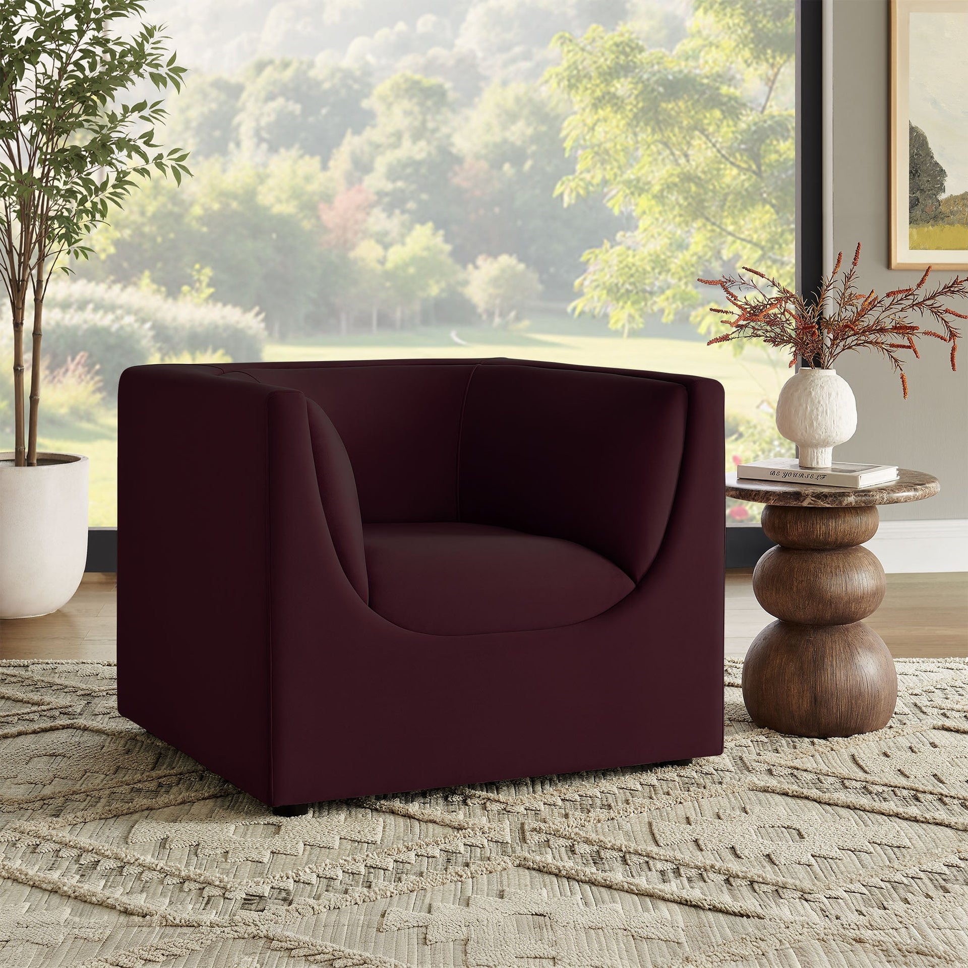 Moda Curved Performance Velvet Armchair – Mulberry