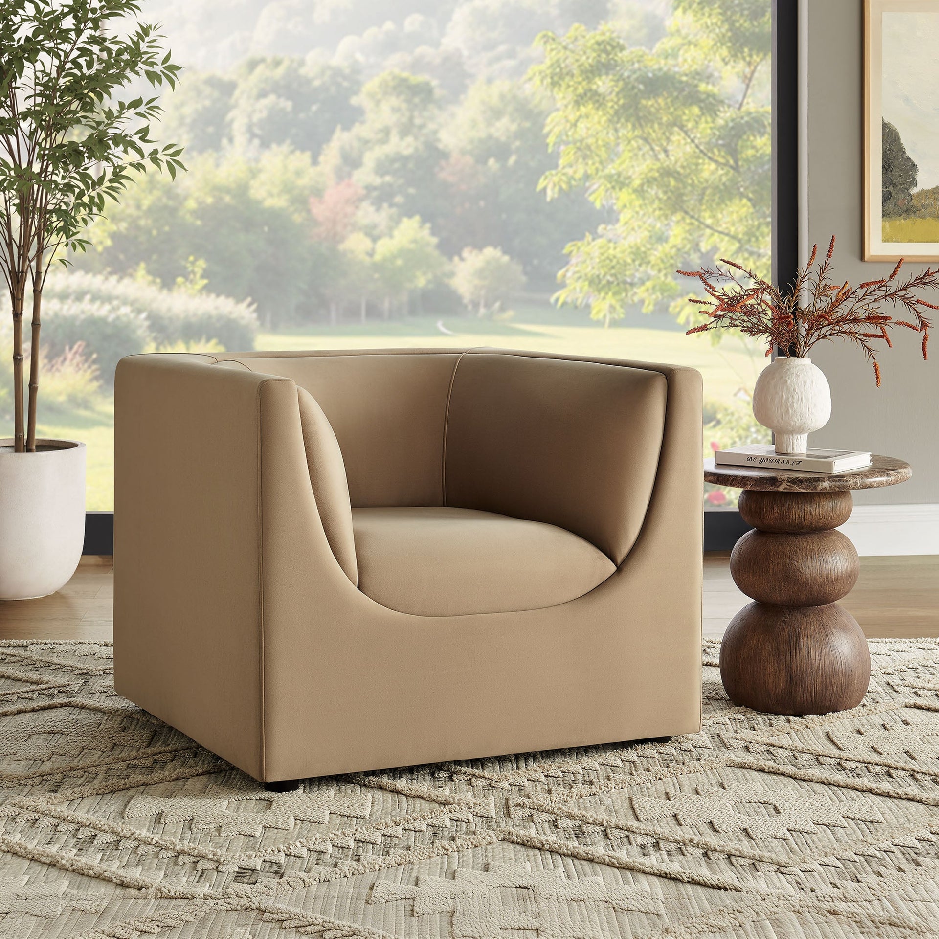 Moda Curved Performance Velvet Armchair – Taupe