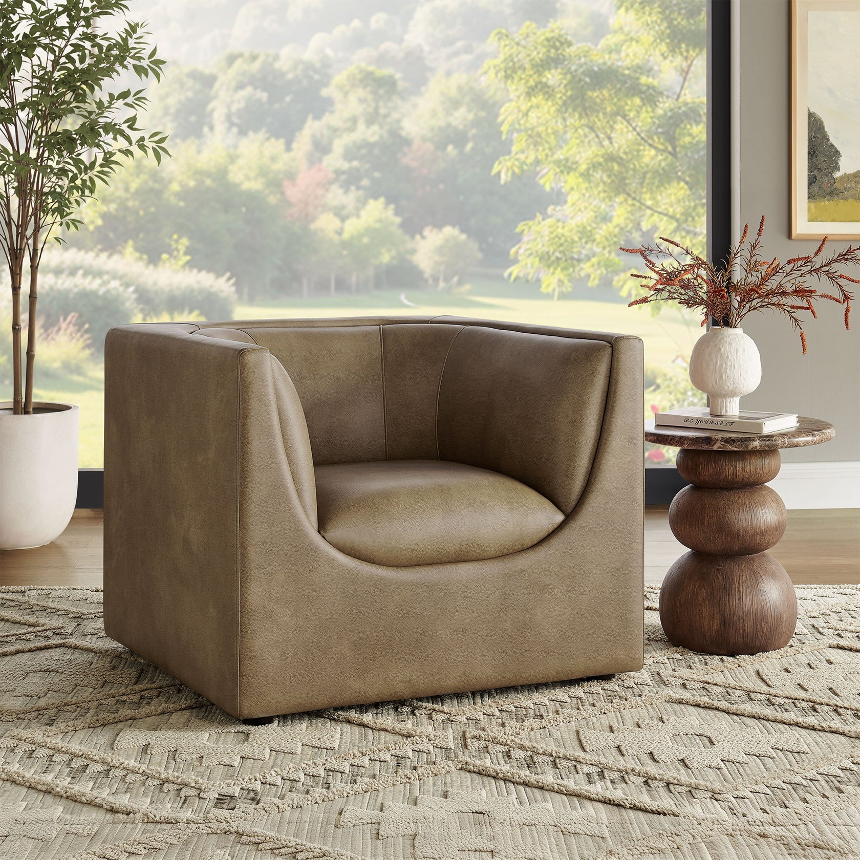 Moda Curved Vegan Leather Armchair – Mushroom Sculptural Modern