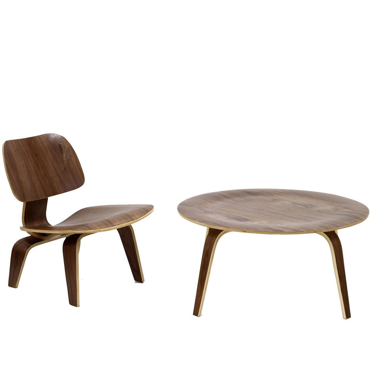 Kavora Molded Plywood Coffee Table and Lounge Chair Set  - Walnut Denmark Home