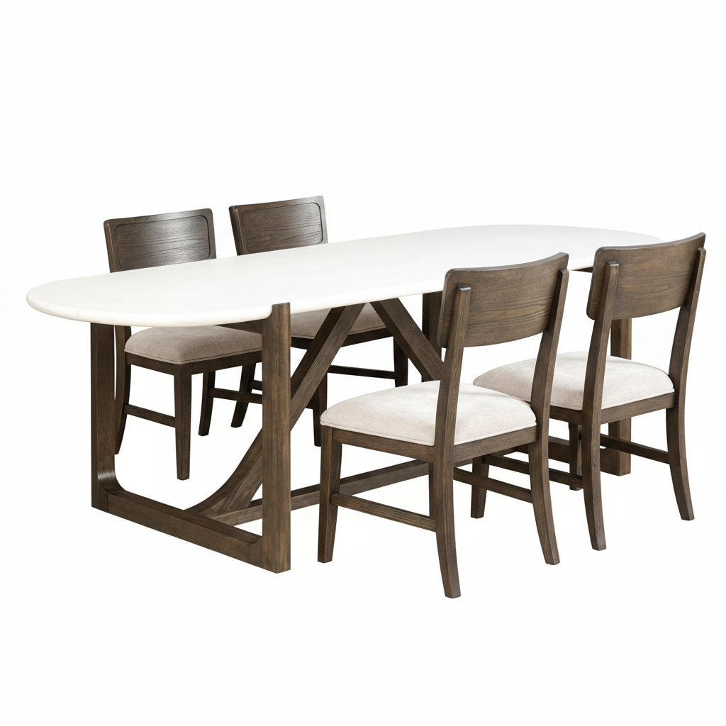 Alessandre Dining Table – Genuine Quartz Stone Top, Dark Walnut