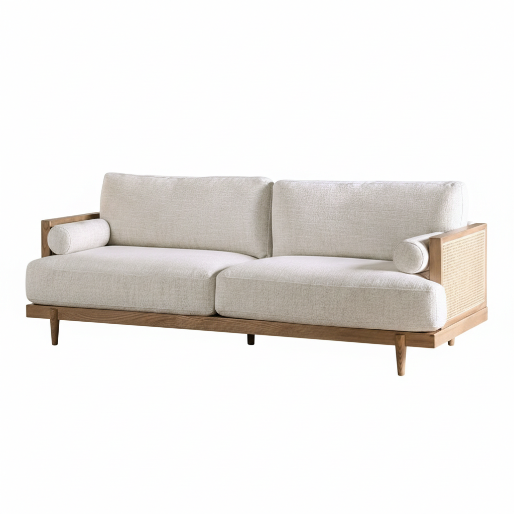 Viven Mid-Century Modern Sofa – Beige Fabric with Ash Wood & Rattan Details