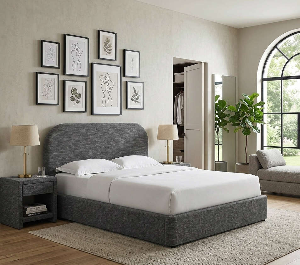 Elskov Queen Platform Bed - Heathered Weave Slate Denmark Home