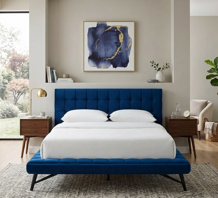 Lysandra Performance Velvet Queen Platform Bed - Navy Denmark Home