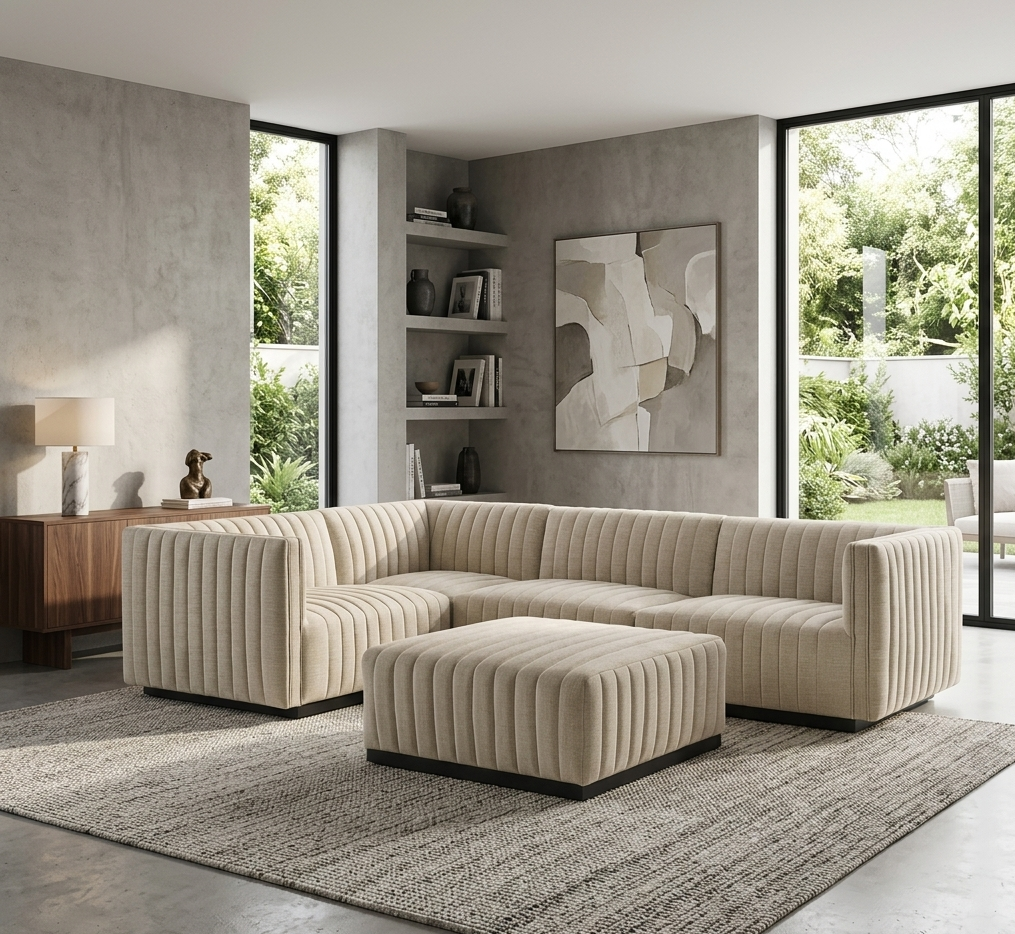 Roderick Channel Tufted Fabric Sectional Sofa - Black Beige